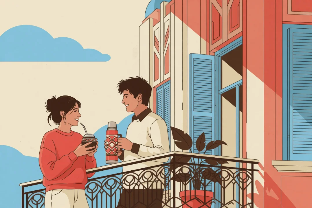 Dos roomies tomando mate en el balcón de una fachada montevideana